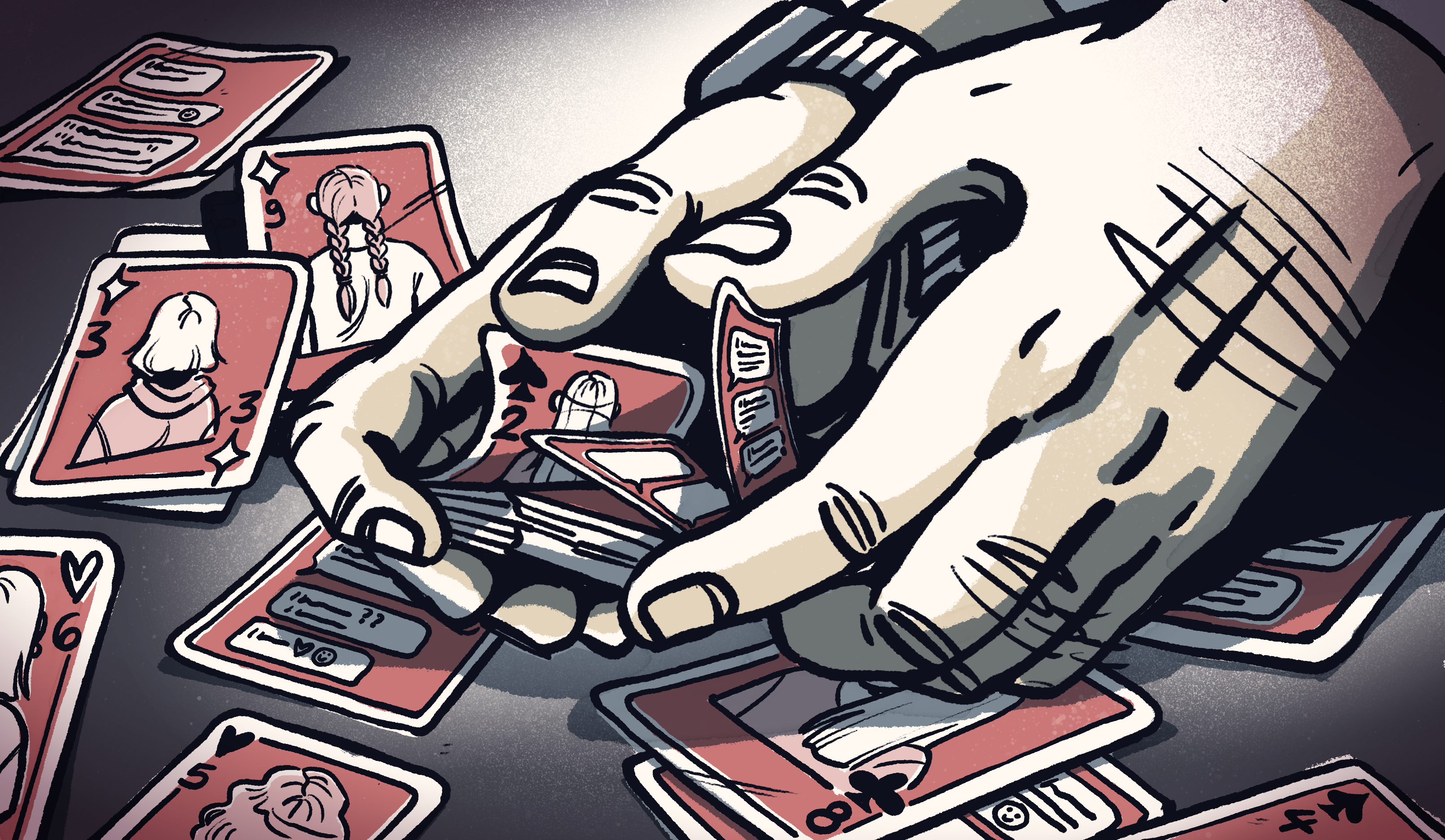 A pair of hands shuffling cards with female figures on it, meant to represent a pattern of abuse and manipulation.